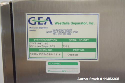 Used- GEA Westfaila CTC-1-06-107 Solid Bowl Disc Centrifuge, Stainless Steel. 12,000 rpm max bowl speed, rated 1.0kg/cu dm h...