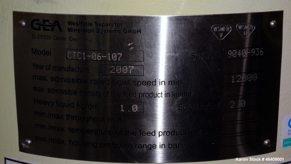 Used GEA Westfalia CTC-1-06-107 Solid Bowl Disc Centrifuge