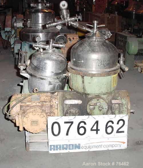 USED: Westfalia D-OOP-8006 solid bowl disc centrifuge, 316 stainless steel construction on product contact areas. Max bowl speed 5860 rpm, separator design, light and heavy phase centripetal pump liq...