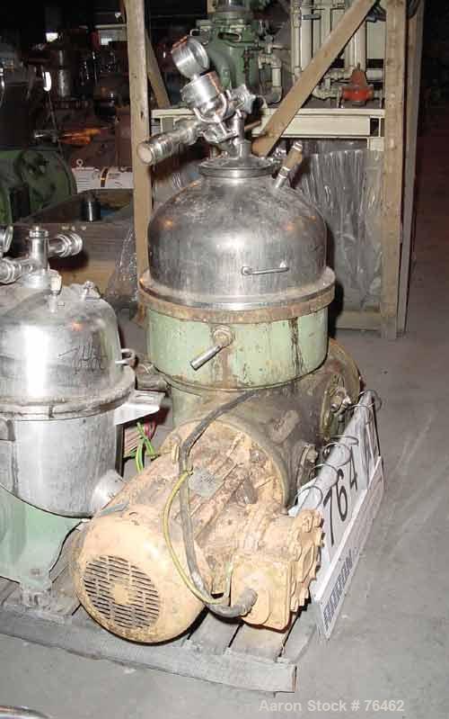 USED: Westfalia D-OOP-8006 solid bowl disc centrifuge, 316 stainless steel construction on product contact areas. Max bowl speed 5860 rpm, separator design, light and heavy phase centripetal pump liq...