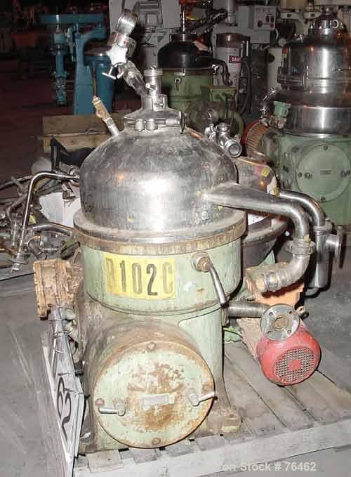 USED: Westfalia D-OOP-8006 solid bowl disc centrifuge, 316 stainless steel construction on product contact areas. Max bowl speed 5860 rpm, separator design, light and heavy phase centripetal pump liq...