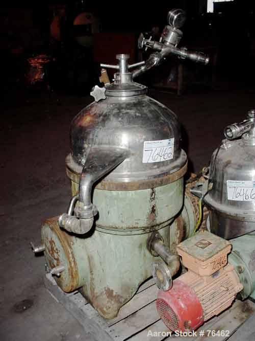 USED: Westfalia D-OOP-8006 solid bowl disc centrifuge, 316 stainless steel construction on product contact areas. Max bowl speed 5860 rpm, separator design, light and heavy phase centripetal pump liq...