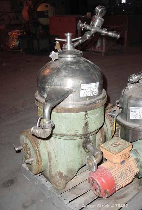 USED: Westfalia D-OOP-8006 solid bowl disc centrifuge, 316 stainless steel construction on product contact areas. Max bowl speed 5860 rpm, separator design, light and heavy phase centripetal pump liq...