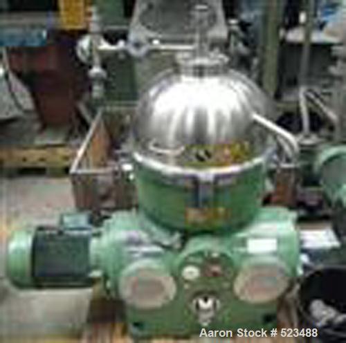 USED: Westfalia chamber bowl separator, type KA-25-86-076. Material of construction is stainless steel on product contact parts. Max bowl speed 4480 rpm by an 11.25 hp/ll kw, 420 volt/50 cycle/3 ph d...