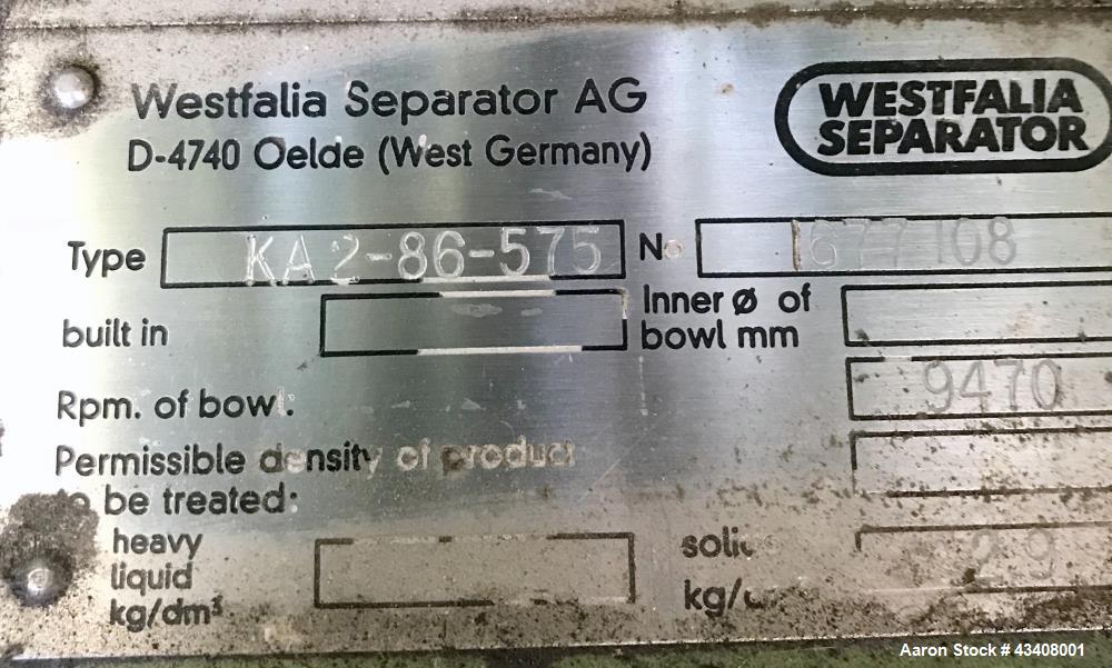 Used Westfalia KA-6-86-575 Solid Bowl Chamber Centrifuge