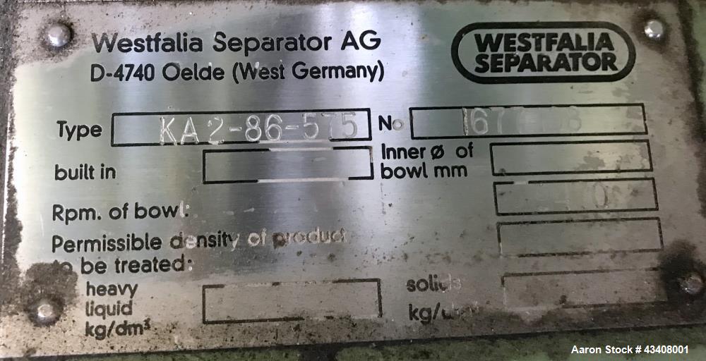 Used Westfalia KA-6-86-575 Solid Bowl Chamber Centrifuge