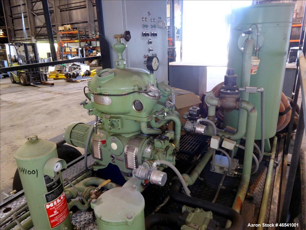 Used Westfalia OTA-14-00-066 Solid Wall Disc Centrifuge. Stainless steel construction (product contact areas), separator design (liquid/liquid/solid separation) maximum bowl speed 8510 rpm, 5 hp, 230...