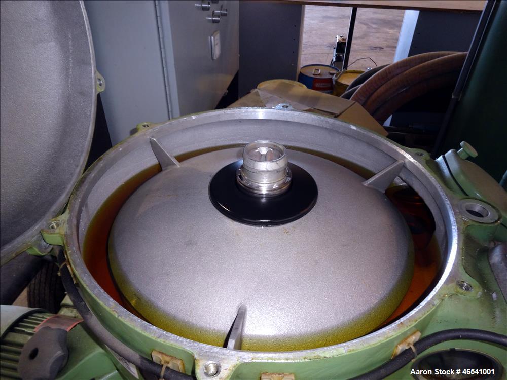 Used Westfalia OTA-14-00-066 Solid Wall Disc Centrifuge. Stainless steel construction (product contact areas), separator design (liquid/liquid/solid separation) maximum bowl speed 8510 rpm, 5 hp, 230...