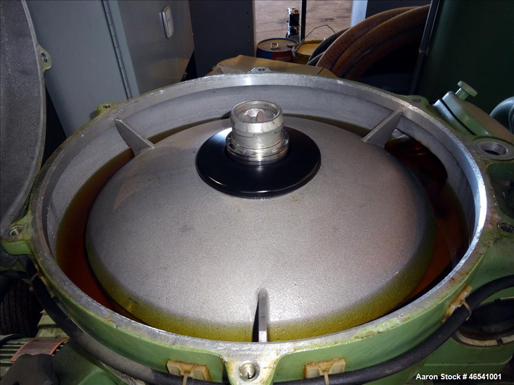 Used Westfalia OTA-14-00-066 Solid Wall Disc Centrifuge. Stainless steel construction (product contact areas), separator design (liquid/liquid/solid separation) maximum bowl speed 8510 rpm, 5 hp, 230...