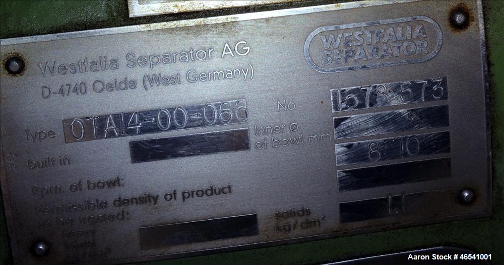 Used Westfalia OTA-14-00-066 Solid Wall Disc Centrifuge. Stainless steel construction (product contact areas), separator design (liquid/liquid/solid separation) maximum bowl speed 8510 rpm, 5 hp, 230...
