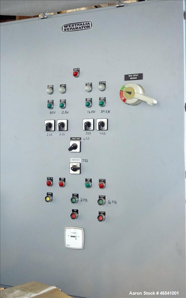 Used Westfalia OTA-14-00-066 Solid Wall Disc Centrifuge. Stainless steel construction (product contact areas), separator design (liquid/liquid/solid separation) maximum bowl speed 8510 rpm, 5 hp, 230...