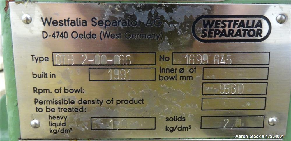 Used Westfalia OTB-2-00-066 solid bowl disc centrifuge