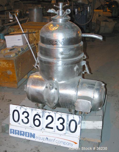 USED: Westfalia RN9004 Solid Bowl Disc Centrifuge, modelclarifier design. 321 stainless steel product contact areas. Driven by a 9 kw (12 hp), 3/60/550 volt, 1140 rpm motor.