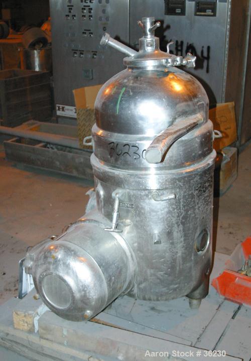 USED: Westfalia RN9004 Solid Bowl Disc Centrifuge, modelclarifier design. 321 stainless steel product contact areas. Driven by a 9 kw (12 hp), 3/60/550 volt, 1140 rpm motor.