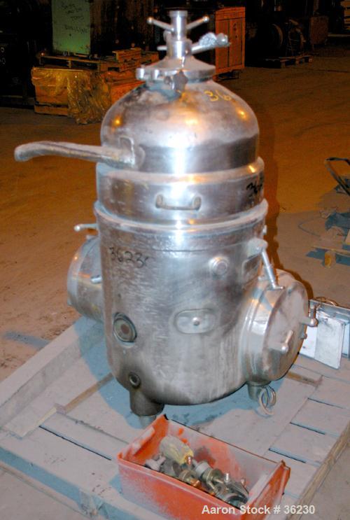 USED: Westfalia RN9004 Solid Bowl Disc Centrifuge, modelclarifier design. 321 stainless steel product contact areas. Driven by a 9 kw (12 hp), 3/60/550 volt, 1140 rpm motor.