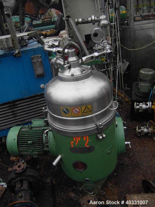 Used- Westfalia RTA-45-01-076 Solid Bowl Disc Centrifuge. Materialof contruction is 316 stainless steel, max bowl speed 7200...