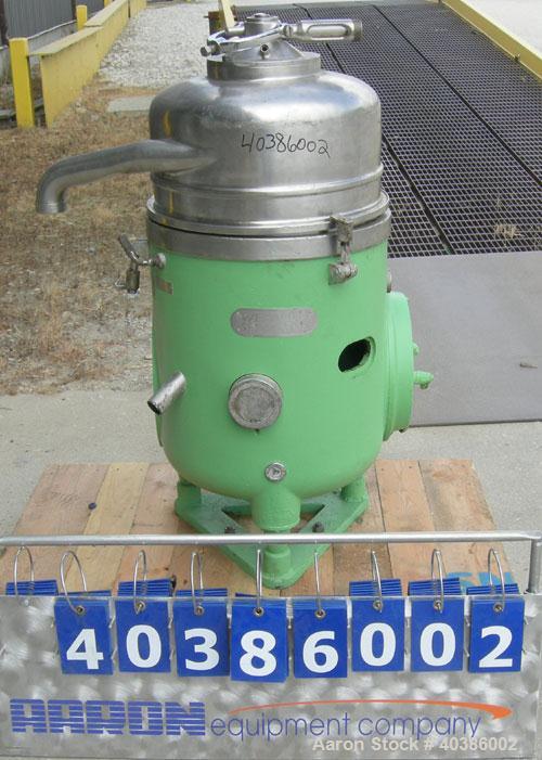 Used Westfalia RTA-45-01-076 Solid Bowl Disc Centrifuge, stainless steel construction (product contact areas), 2205 stainless steel bowl, maximum bowl speed 7200 rpm, light and heavy phase centripeta...