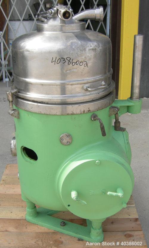 Used Westfalia RTA-45-01-076 Solid Bowl Disc Centrifuge, stainless steel construction (product contact areas), 2205 stainless steel bowl, maximum bowl speed 7200 rpm, light and heavy phase centripeta...