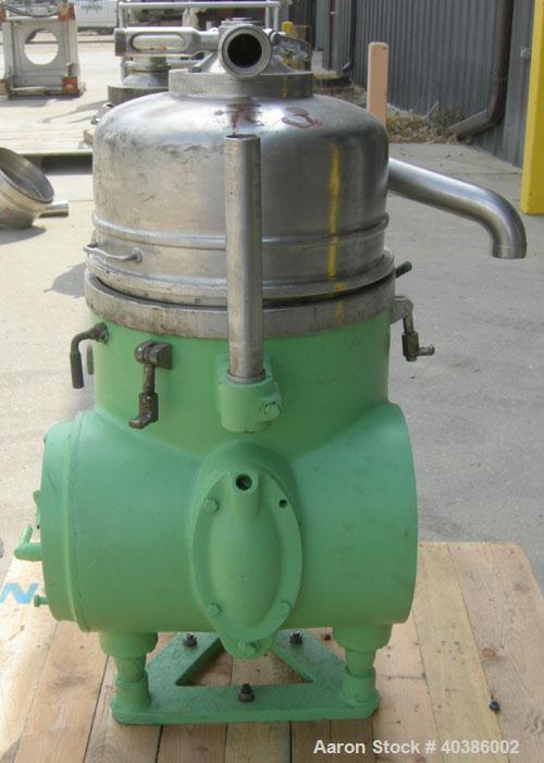 Used Westfalia RTA-45-01-076 Solid Bowl Disc Centrifuge, stainless steel construction (product contact areas), 2205 stainless steel bowl, maximum bowl speed 7200 rpm, light and heavy phase centripeta...