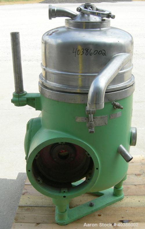 Used Westfalia RTA-45-01-076 Solid Bowl Disc Centrifuge, stainless steel construction (product contact areas), 2205 stainless steel bowl, maximum bowl speed 7200 rpm, light and heavy phase centripeta...