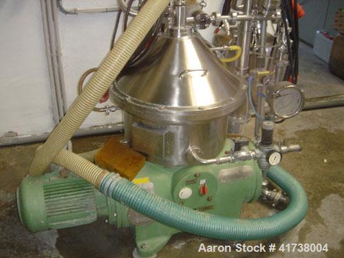 Used Westfalia SA-19-06-076 Desludger Disc Centrifuge, stainless steel. 8150 rpm, diameter 14.3" (362 mm). Capacity 793 - 1,321 gallons (3,000 - 5,000 liter/h), solids 1.3 and liquids 1.0.10 hp/7.5 k...