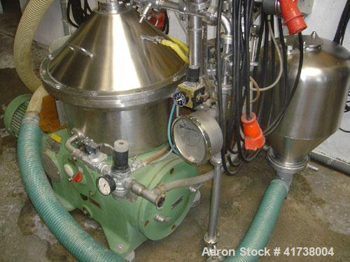 Used Westfalia SA-19-06-076 Desludger Disc Centrifuge, stainless steel. 8150 rpm, diameter 14.3" (362 mm). Capacity 793 - 1,321 gallons (3,000 - 5,000 liter/h), solids 1.3 and liquids 1.0.10 hp/7.5 k...