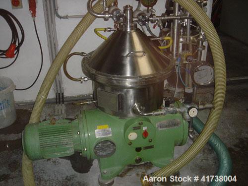 Used Westfalia SA-19-06-076 Desludger Disc Centrifuge, stainless steel. 8150 rpm, diameter 14.3" (362 mm). Capacity 793 - 1,321 gallons (3,000 - 5,000 liter/h), solids 1.3 and liquids 1.0.10 hp/7.5 k...