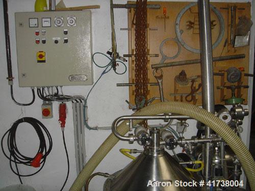 Used Westfalia SA-19-06-076 Desludger Disc Centrifuge, stainless steel. 8150 rpm, diameter 14.3" (362 mm). Capacity 793 - 1,321 gallons (3,000 - 5,000 liter/h), solids 1.3 and liquids 1.0.10 hp/7.5 k...