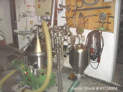 Used Westfalia SA-19-06-076 Desludger Disc Centrifuge, stainless steel. 8150 rpm, diameter 14.3" (362 mm). Capacity 793 - 1,321 gallons (3,000 - 5,000 liter/h), solids 1.3 and liquids 1.0.10 hp/7.5 k...