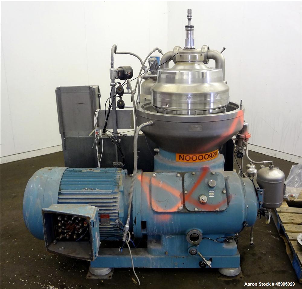 Used Alfa-Laval BTUX-51OT-34CEP-60 Nozzle Disc Centrifuge, 316 stainless Steel (product contact areas), clarifier design (Liquid/solids separation), centripetal pump liquid discharge, driven by a 45 ...