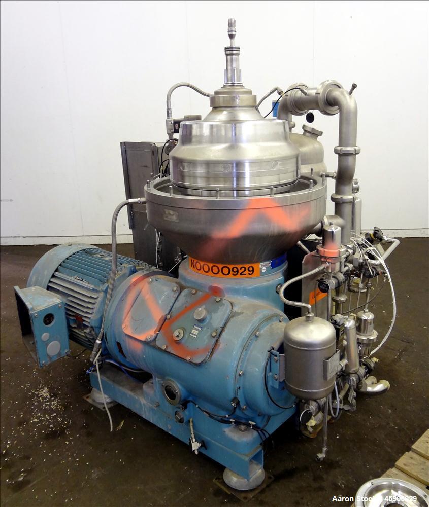Used Alfa-Laval BTUX-51OT-34CEP-60 Nozzle Disc Centrifuge, 316 stainless Steel (product contact areas), clarifier design (Liquid/solids separation), centripetal pump liquid discharge, driven by a 45 ...