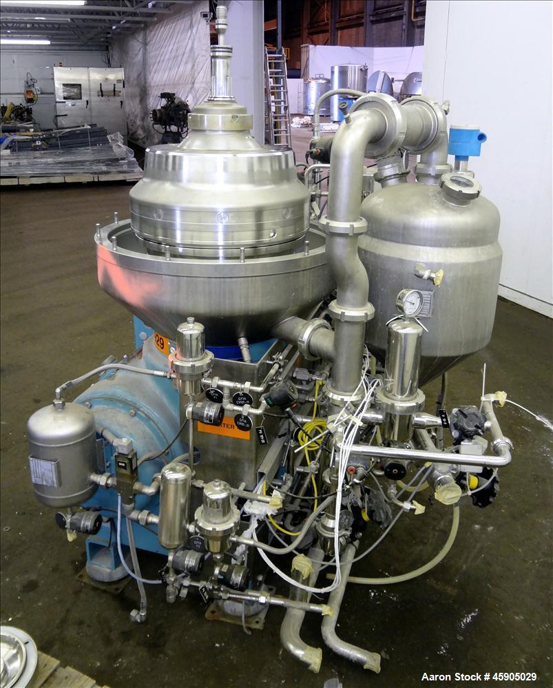Used Alfa-Laval BTUX-51OT-34CEP-60 Nozzle Disc Centrifuge, 316 stainless Steel (product contact areas), clarifier design (Liquid/solids separation), centripetal pump liquid discharge, driven by a 45 ...