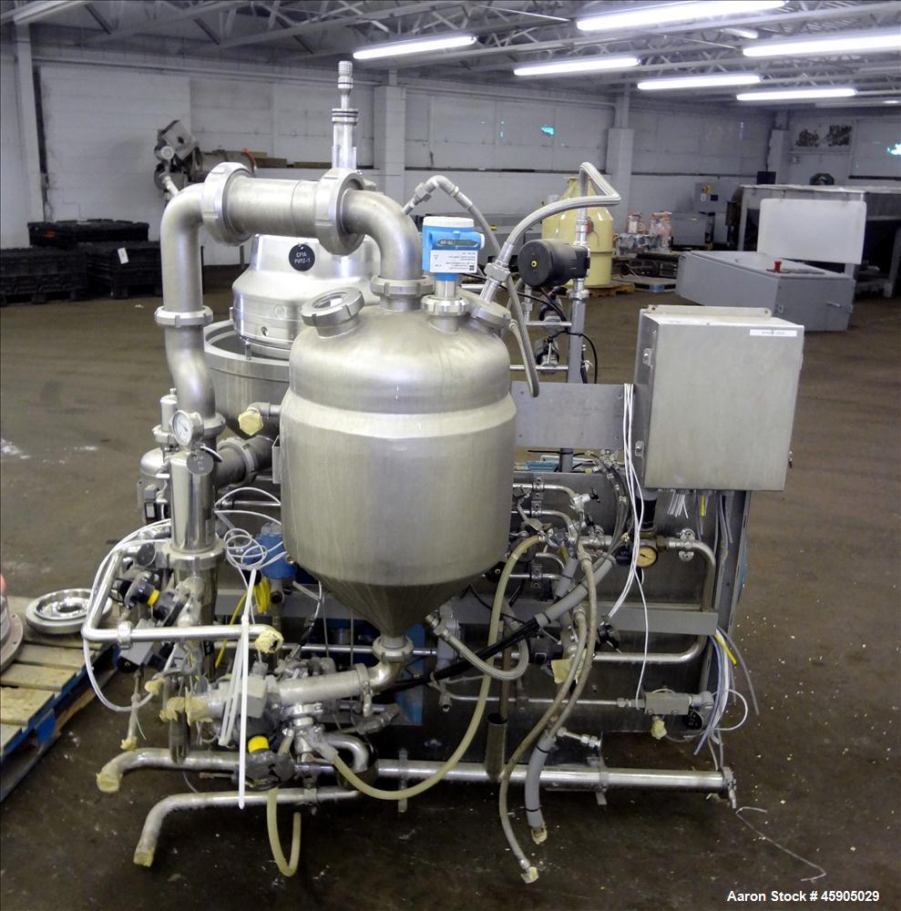 Used Alfa-Laval BTUX-51OT-34CEP-60 Nozzle Disc Centrifuge, 316 stainless Steel (product contact areas), clarifier design (Liquid/solids separation), centripetal pump liquid discharge, driven by a 45 ...