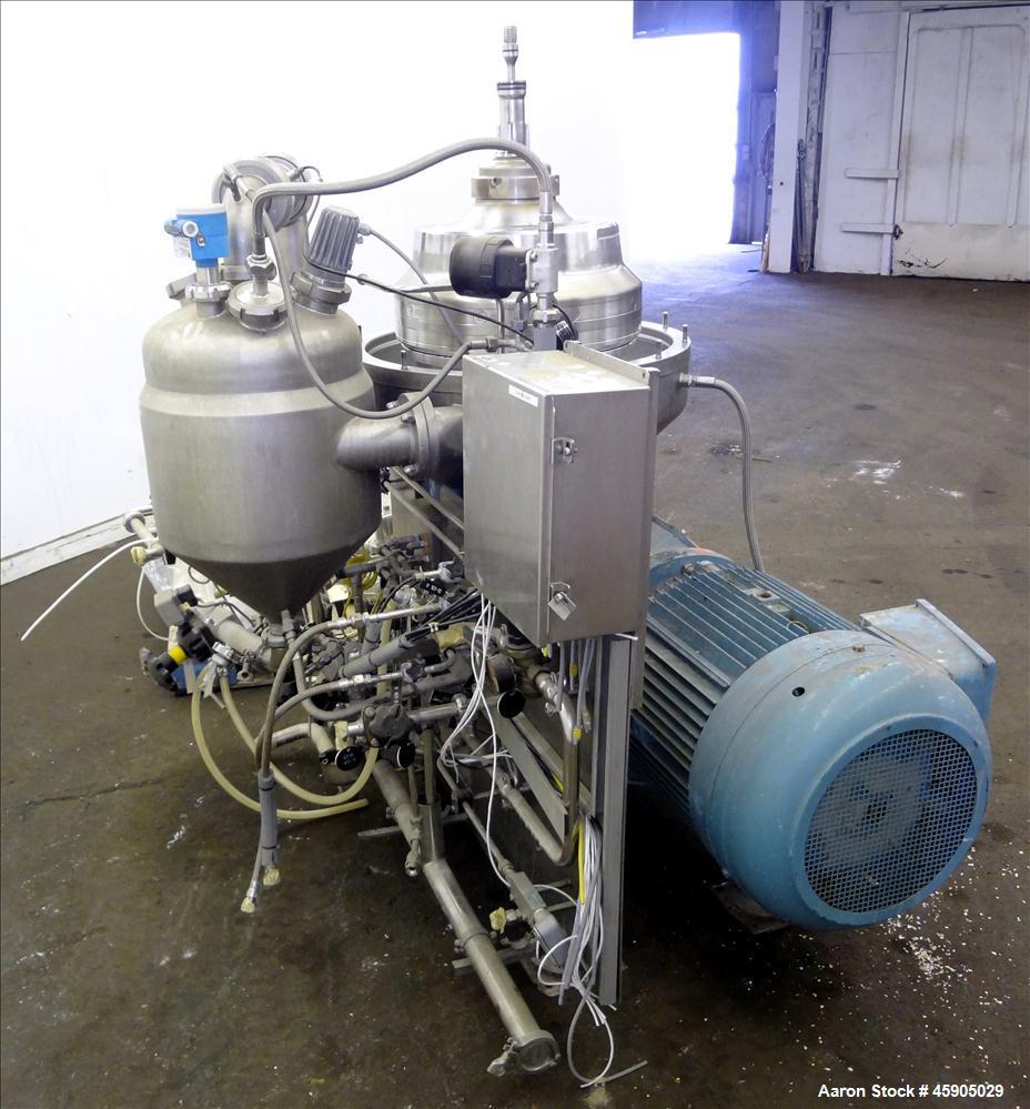 Used Alfa-Laval BTUX-51OT-34CEP-60 Nozzle Disc Centrifuge, 316 stainless Steel (product contact areas), clarifier design (Liquid/solids separation), centripetal pump liquid discharge, driven by a 45 ...