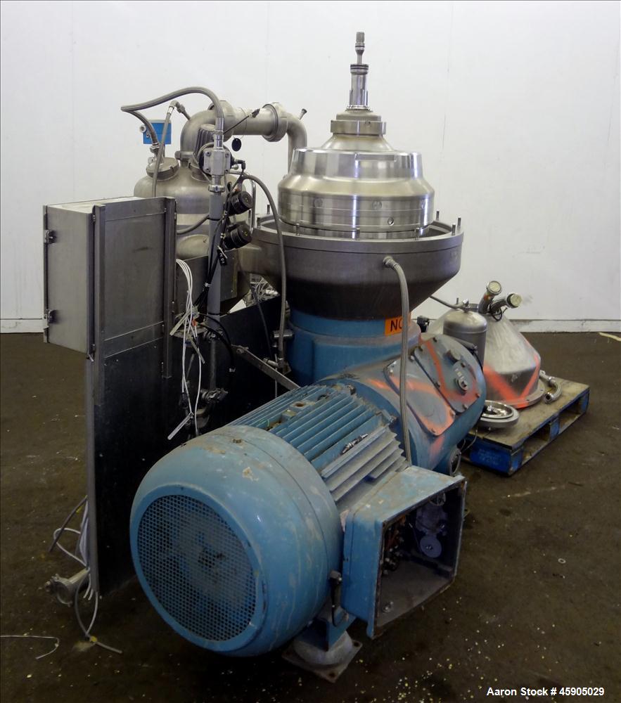Used Alfa-Laval BTUX-51OT-34CEP-60 Nozzle Disc Centrifuge, 316 stainless Steel (product contact areas), clarifier design (Liquid/solids separation), centripetal pump liquid discharge, driven by a 45 ...