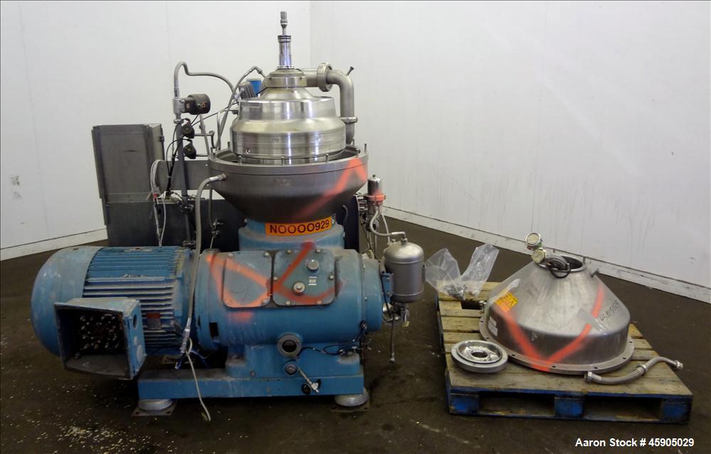 Used Alfa-Laval BTUX-51OT-34CEP-60 Nozzle Disc Centrifuge, 316 stainless Steel (product contact areas), clarifier design (Liquid/solids separation), centripetal pump liquid discharge, driven by a 45 ...
