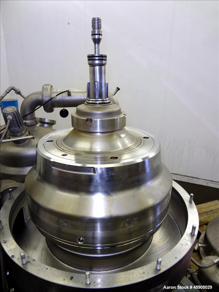 Used Alfa-Laval BTUX-51OT-34CEP-60 Nozzle Disc Centrifuge, 316 stainless Steel (product contact areas), clarifier design (Liquid/solids separation), centripetal pump liquid discharge, driven by a 45 ...