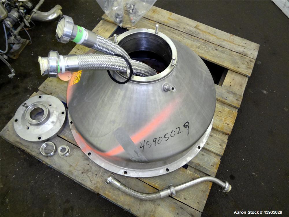 Used Alfa-Laval BTUX-51OT-34CEP-60 Nozzle Disc Centrifuge, 316 stainless Steel (product contact areas), clarifier design (Liquid/solids separation), centripetal pump liquid discharge, driven by a 45 ...