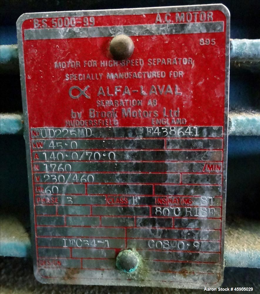 Used Alfa-Laval BTUX-51OT-34CEP-60 Nozzle Disc Centrifuge, 316 stainless Steel (product contact areas), clarifier design (Liquid/solids separation), centripetal pump liquid discharge, driven by a 45 ...
