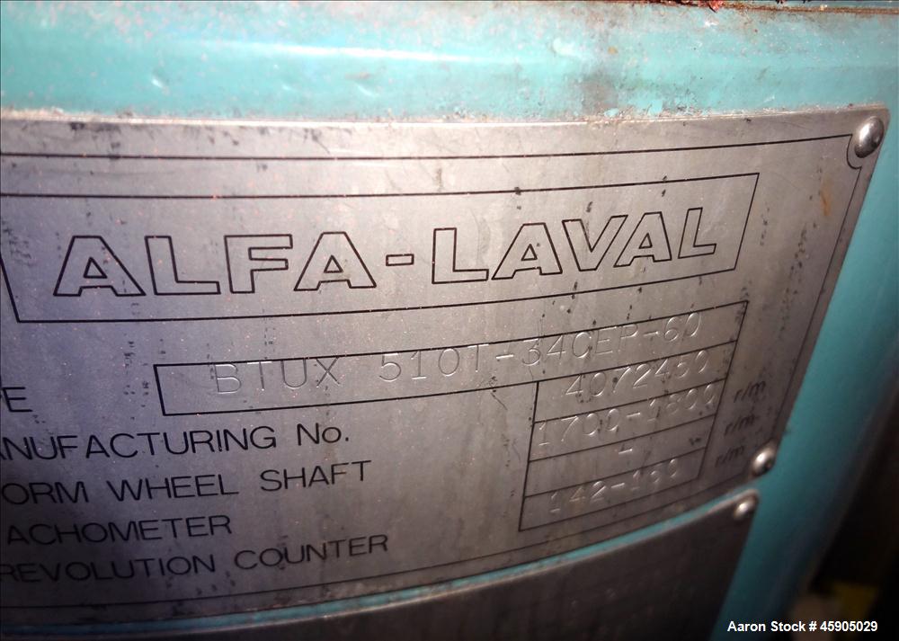 Used Alfa-Laval BTUX-51OT-34CEP-60 Nozzle Disc Centrifuge, 316 stainless Steel (product contact areas), clarifier design (Liquid/solids separation), centripetal pump liquid discharge, driven by a 45 ...