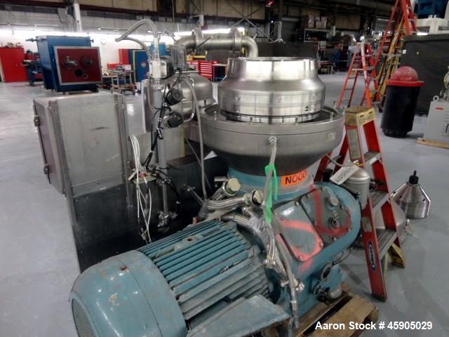 Used Alfa-Laval BTUX-51OT-34CEP-60 Nozzle Disc Centrifuge, 316 stainless Steel (product contact areas), clarifier design (Liquid/solids separation), centripetal pump liquid discharge, driven by a 45 ...