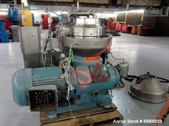 Used Alfa-Laval BTUX-51OT-34CEP-60 Nozzle Disc Centrifuge, 316 stainless Steel (product contact areas), clarifier design (Liquid/solids separation), centripetal pump liquid discharge, driven by a 45 ...