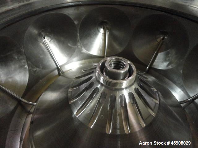 Used Alfa-Laval BTUX-51OT-34CEP-60 Nozzle Disc Centrifuge, 316 stainless Steel (product contact areas), clarifier design (Liquid/solids separation), centripetal pump liquid discharge, driven by a 45 ...