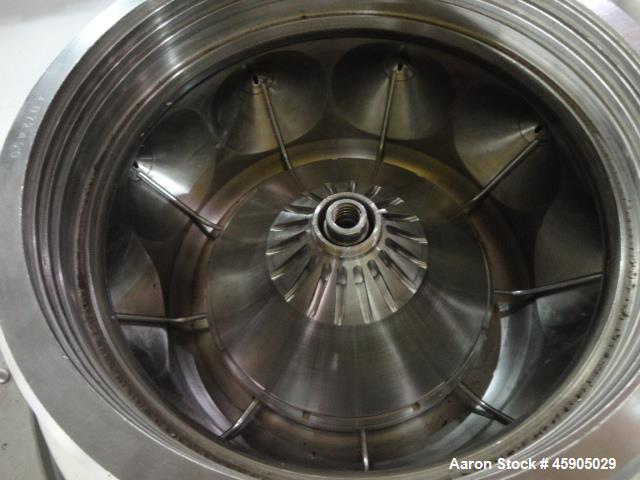 Used Alfa-Laval BTUX-51OT-34CEP-60 Nozzle Disc Centrifuge, 316 stainless Steel (product contact areas), clarifier design (Liquid/solids separation), centripetal pump liquid discharge, driven by a 45 ...