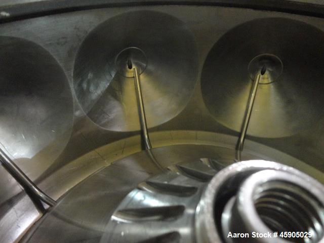 Used Alfa-Laval BTUX-51OT-34CEP-60 Nozzle Disc Centrifuge, 316 stainless Steel (product contact areas), clarifier design (Liquid/solids separation), centripetal pump liquid discharge, driven by a 45 ...