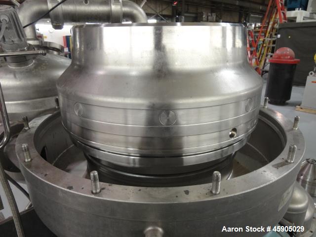 Used Alfa-Laval BTUX-51OT-34CEP-60 Nozzle Disc Centrifuge, 316 stainless Steel (product contact areas), clarifier design (Liquid/solids separation), centripetal pump liquid discharge, driven by a 45 ...