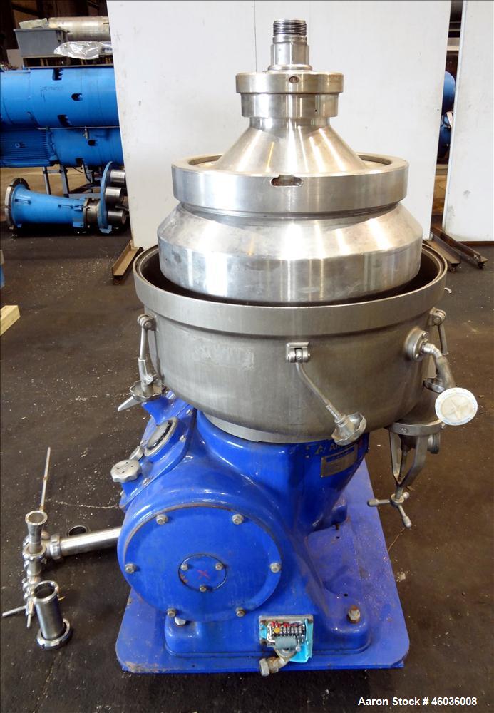 Used Alfa Laval FEUX-412U-35-60 Nozzle Disc Centrifuge 316 Stainless Steel Construction, (3) Clarifier Design (liquids/solids separation). Centripetal pump liquid discharge. Flange mount 50 hp, 575/3...