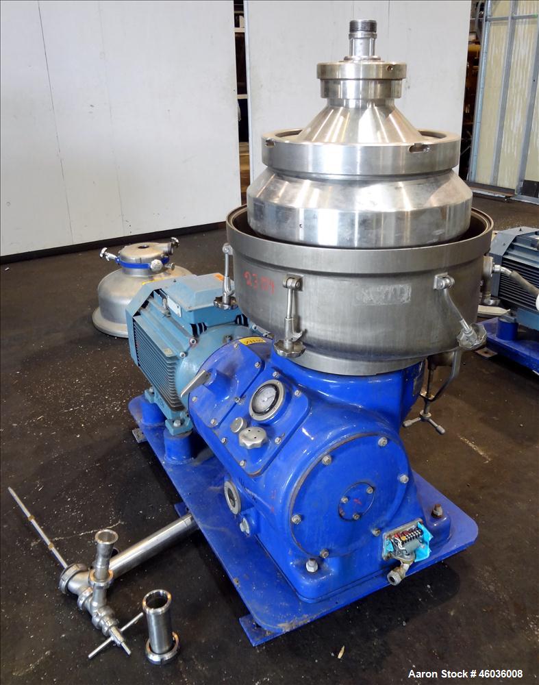 Used Alfa Laval FEUX-412U-35-60 Nozzle Disc Centrifuge 316 Stainless Steel Construction, (3) Clarifier Design (liquids/solids separation). Centripetal pump liquid discharge. Flange mount 50 hp, 575/3...