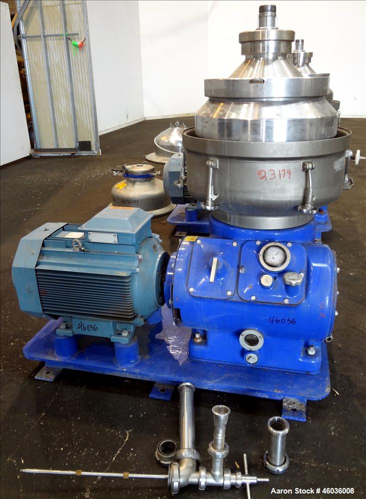 Used Alfa Laval FEUX-412U-35-60 Nozzle Disc Centrifuge 316 Stainless Steel Construction, (3) Clarifier Design (liquids/solids separation). Centripetal pump liquid discharge. Flange mount 50 hp, 575/3...