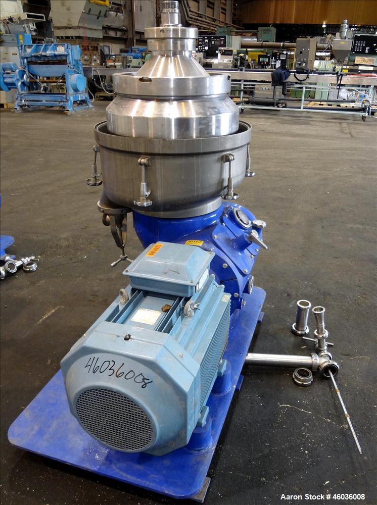 Used Alfa Laval FEUX-412U-35-60 Nozzle Disc Centrifuge 316 Stainless Steel Construction, (3) Clarifier Design (liquids/solids separation). Centripetal pump liquid discharge. Flange mount 50 hp, 575/3...